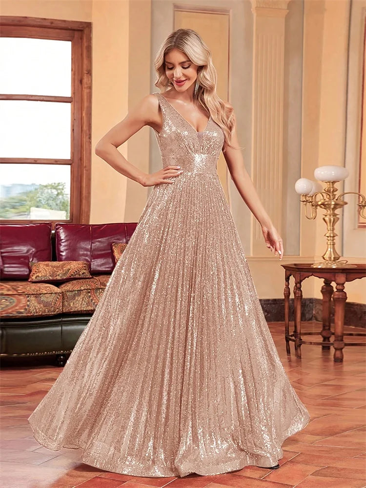 Luxury V-Neck Sleeveless Formal Evening Dresses Women Sequins Wedding Party Prom Maxi Cocktail Gowns Vestidos