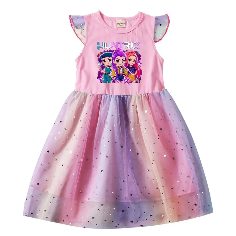 Baby Girls Dress Children Cartoon Mesh Star Sequins Princess Dress Kids Flying Sleeve Skirt For Birthday Gift