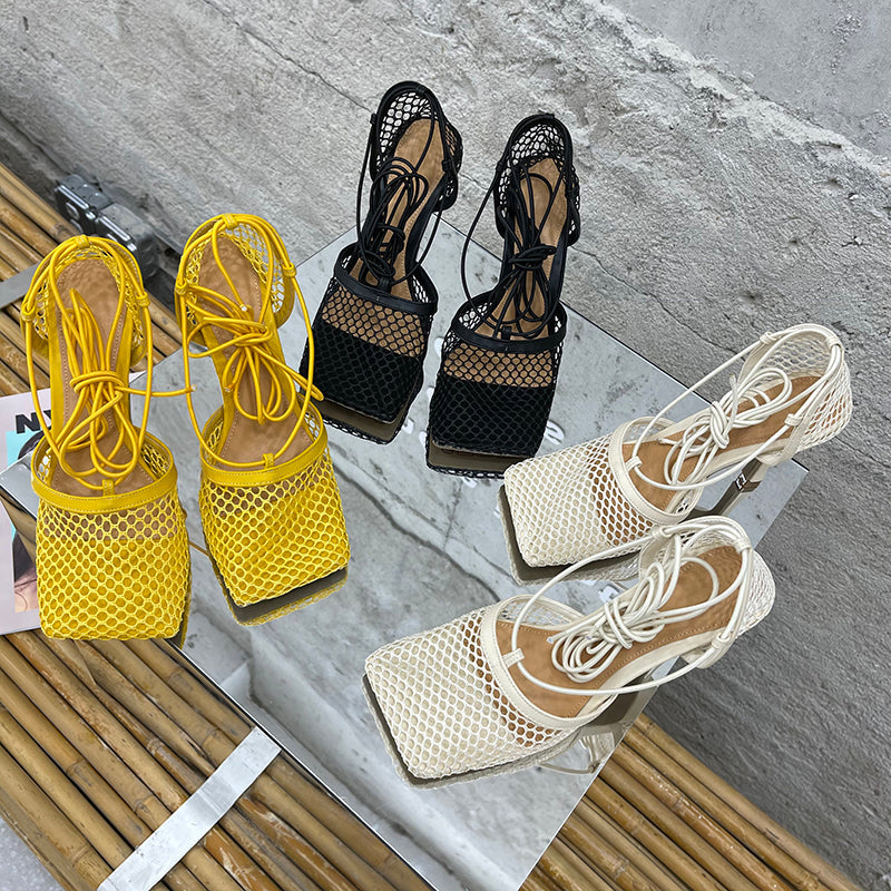 2025 Summer Sexy Mesh Pumps Sandals Female Square Toe High Heel Lace Up Cross-Tied Stiletto Hollow Dress Party Shoes