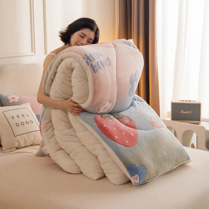 Winter Thick Coral Fleece Quilt Blanket Weighted Milk Velvet Snowflake Flannel Duvet Keep Warm Comforter for Student Dorm