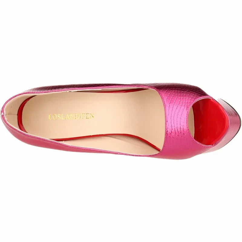 Women Sandals Sexy Pumps Patent Leather Platform Crocodile Pattern 14cm High Heels Peep Toe Stilettos Party Dress Wedding Shoes