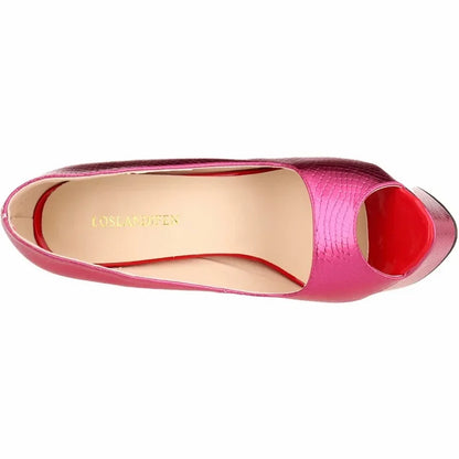 Women Sandals Sexy Pumps Patent Leather Platform Crocodile Pattern 14cm High Heels Peep Toe Stilettos Party Dress Wedding Shoes