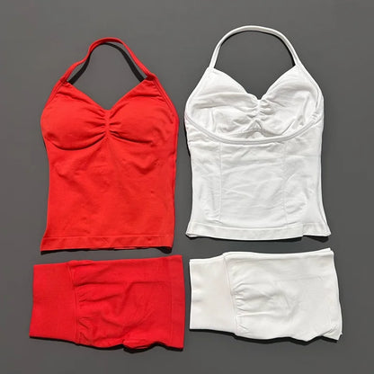 No Logo 2 Pies Sports Set Women Backless Tank Yoga Tops High Waist Scrunch Seamless Shorts Sport Gym Set Sportswear Workout Set