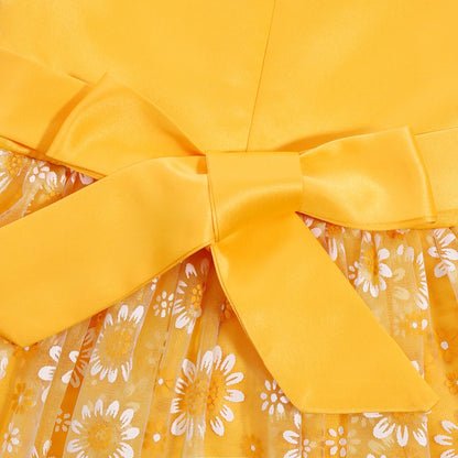Cross-border special summer burst dress girls printed waist wedding dress flower girl short-sleeved princess puffy skirt