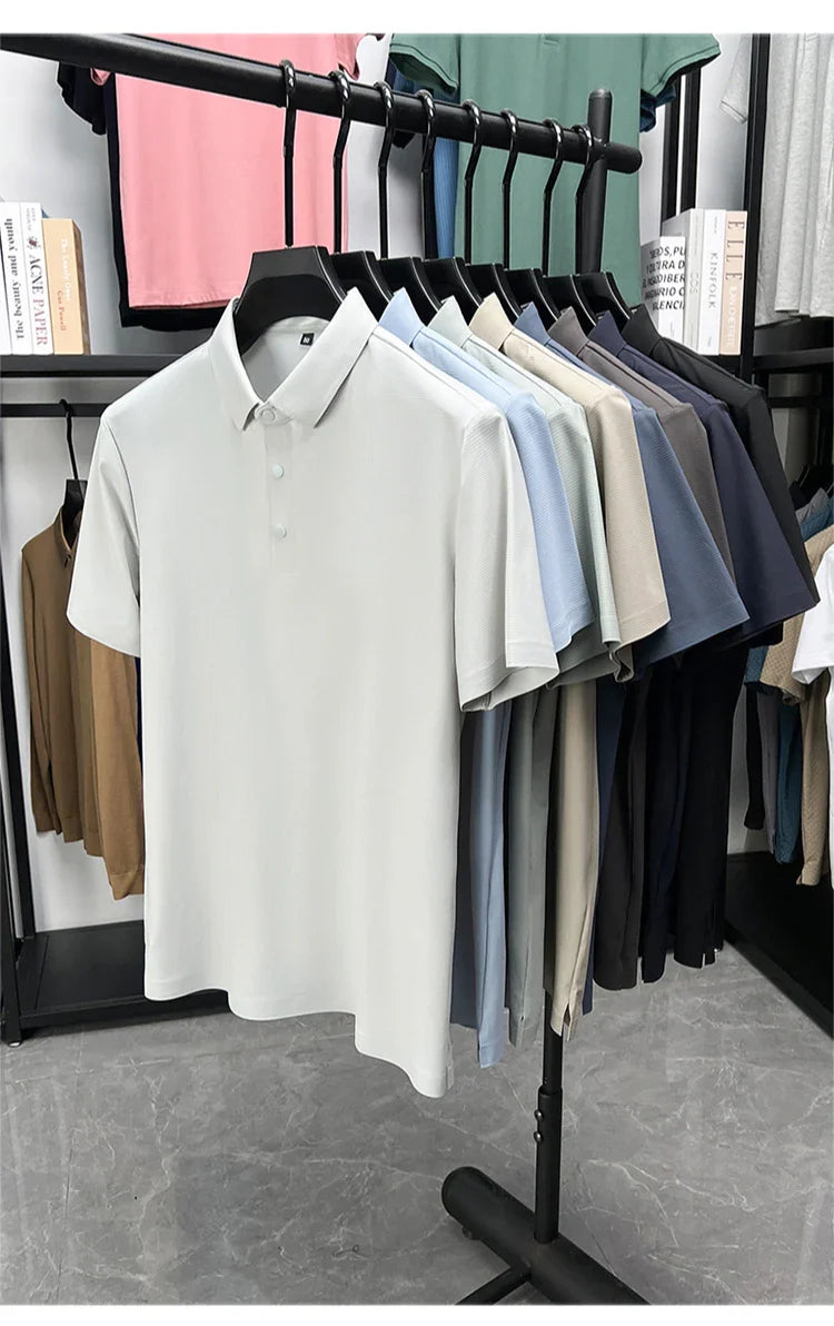 Summer Short Sleeve T-Shirt - Premium Jacquard Spandex, 7A Antibacterial, Seamless, Contrast Color, Split Hem, Wrinkle-Free Polo