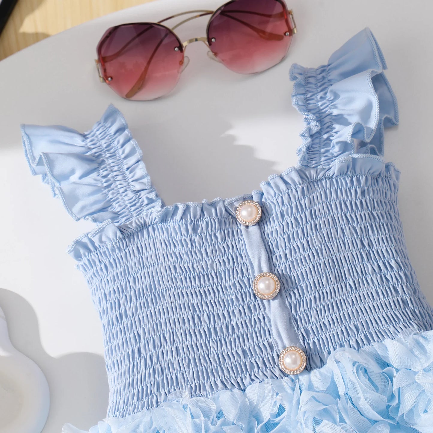 Girls' Sky Blue Tulle Dress - 3D Rose Appliqué Skirt, Pearl Buttons Vintage Chic Party Gown