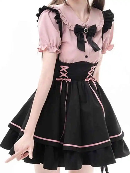Cute Sweet Lolita Dr Set Women's School Sle Princ Skirt Blouse Two-Piece Set High Waist A-Line ort Sve Doll Collar