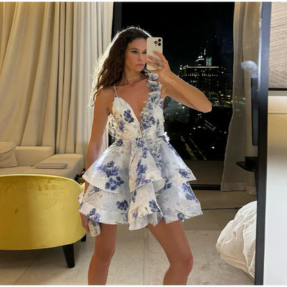 Backless Party Dress Women Elegant 3D Flower Print Sling Lace Up Ruffle A-line Mini Evening Dresses Female 2025 Summer Swimwears