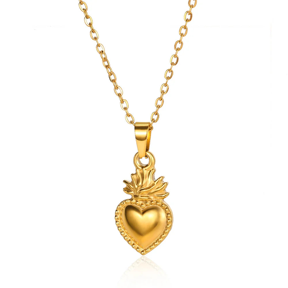 Stainless Steel Love Heart Pendant Necklace For Women Fashion Gold Color Flower Necklace Couple Aesthetic Jewelry Accessories