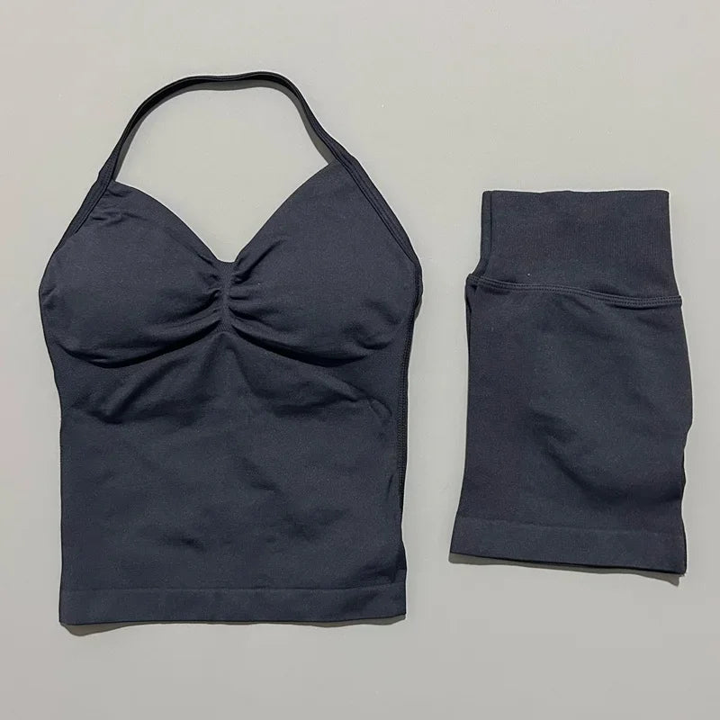 No Logo 2 Pies Sports Set Women Backless Tank Yoga Tops High Waist Scrunch Seamless Shorts Sport Gym Set Sportswear Workout Set