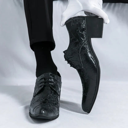 Men High Heeled Lace Up Derby Shoes PU Embossed Fashionable  Comfortable Business Formal Banquet Men Shoes