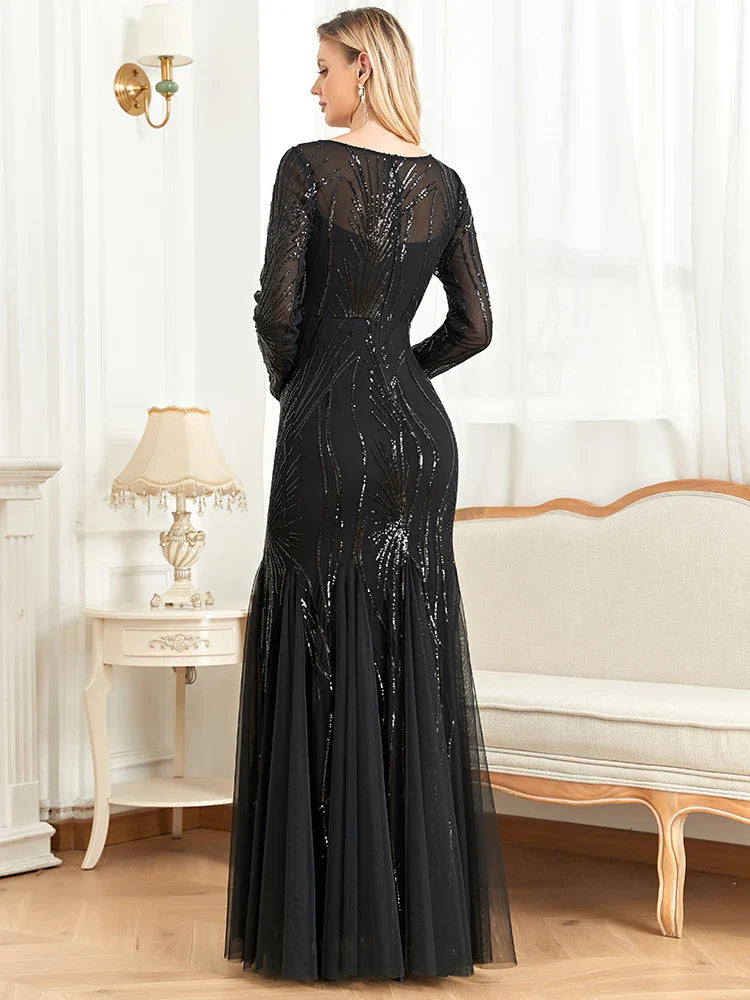 Elegant Long Sleeves Sequin Tulle Evening Dresses 2025 Women Luxury Mermaid Formal Bridesmaid Party Maxi Prom Dress