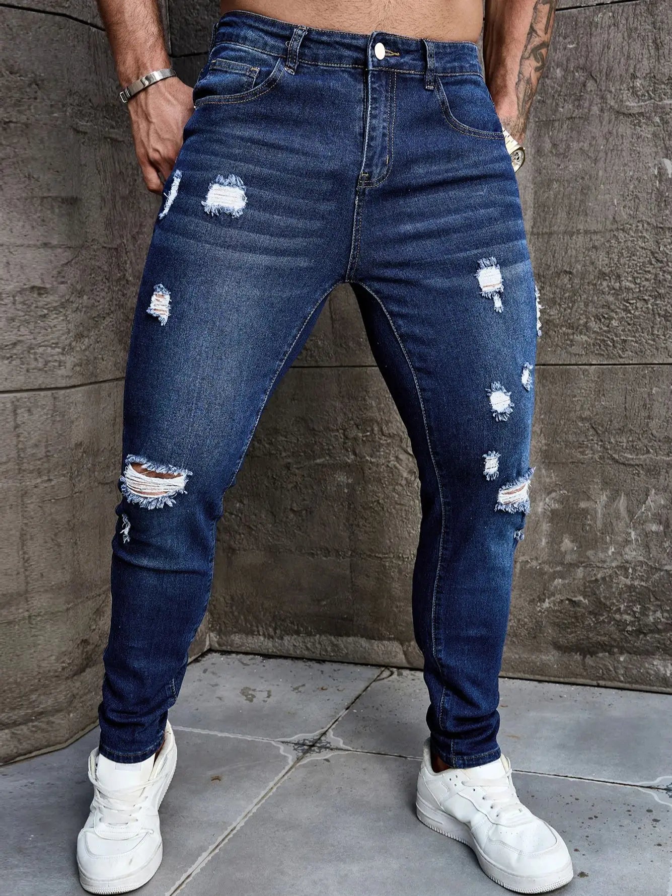 Men's Deep Blue Skinny Fit Ripped Stretch Denim Jeans Versatile and Easy Match Men's Pants Elastane Fabric Everyday Wear