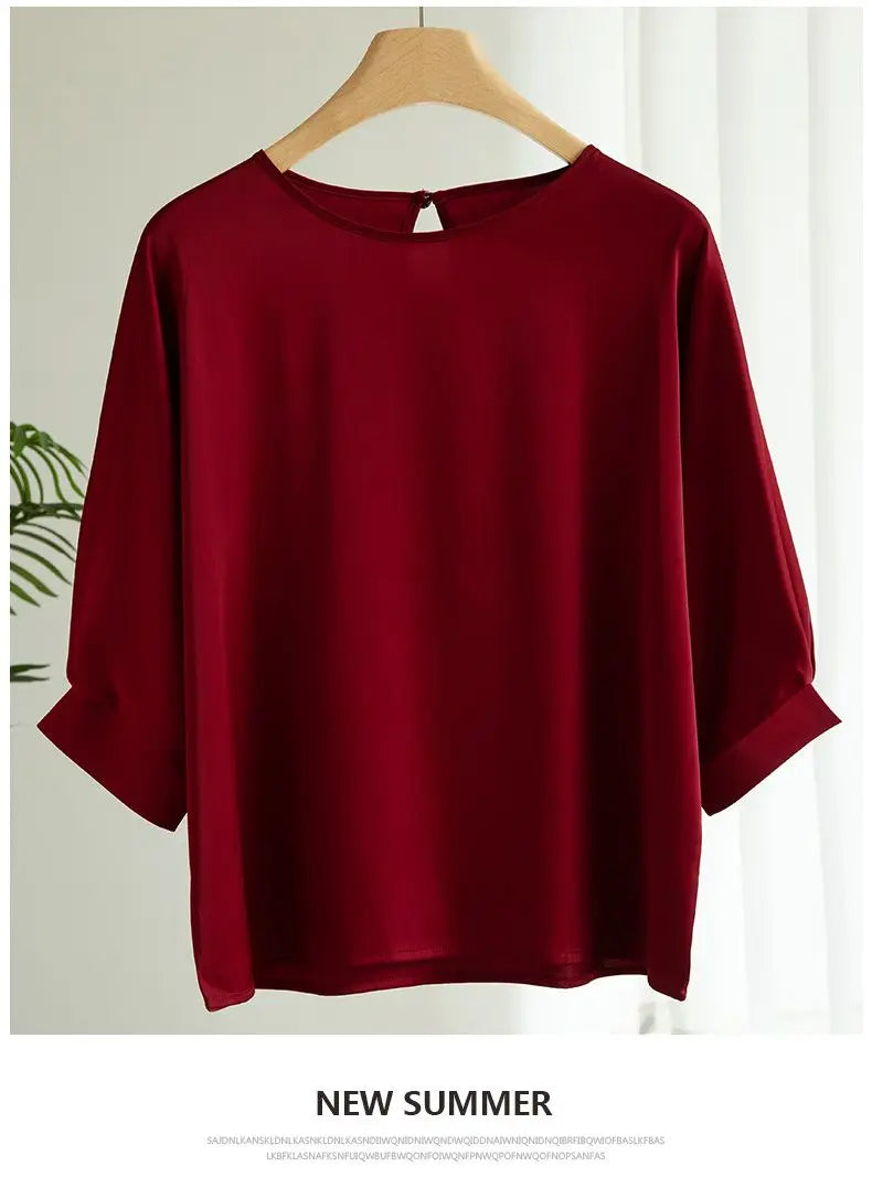 2026 New In Summer Satin Silk Half-Sleeve Tee Tops Basic Solid Women‘s T-Shirt Casual O-neck Thin Shirts Ladies Loose Blouses