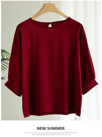 2026 New In Summer Satin Silk Half-Sleeve Tee Tops Basic Solid Women‘s T-Shirt Casual O-neck Thin Shirts Ladies Loose Blouses