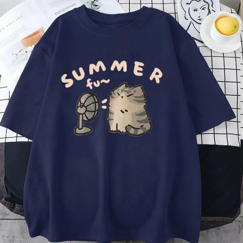 Korean Version Retro Minimalist Cat Printed Summer T-shirt Casual Loose Couple Thin Short Sleeves Women Men T Shirts