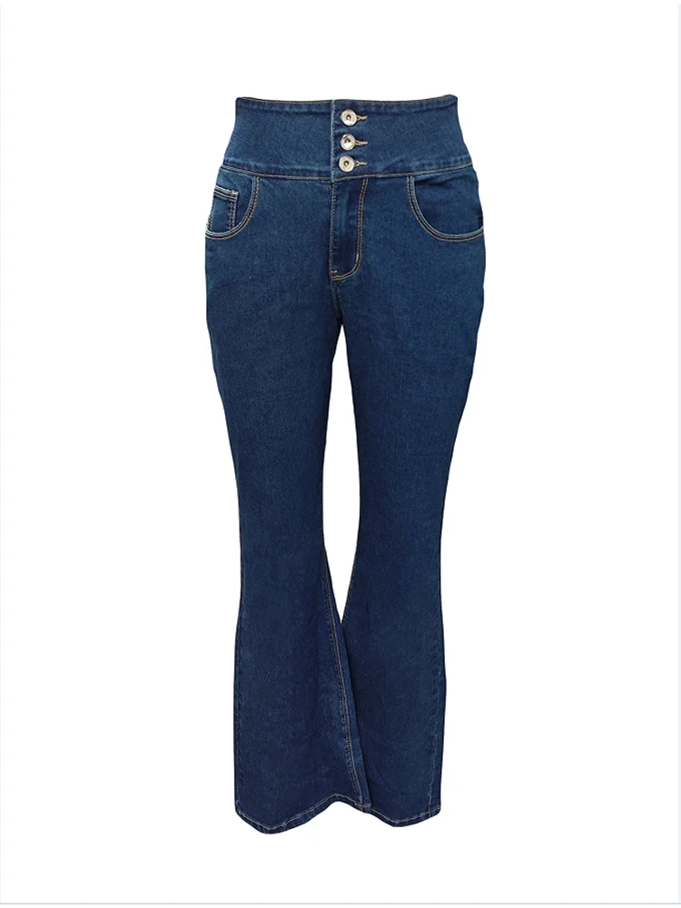 Fashion High Street Simple Spring Jeans Pants Women Solid Color High Waist Pocket Button Slim Flared Trousers