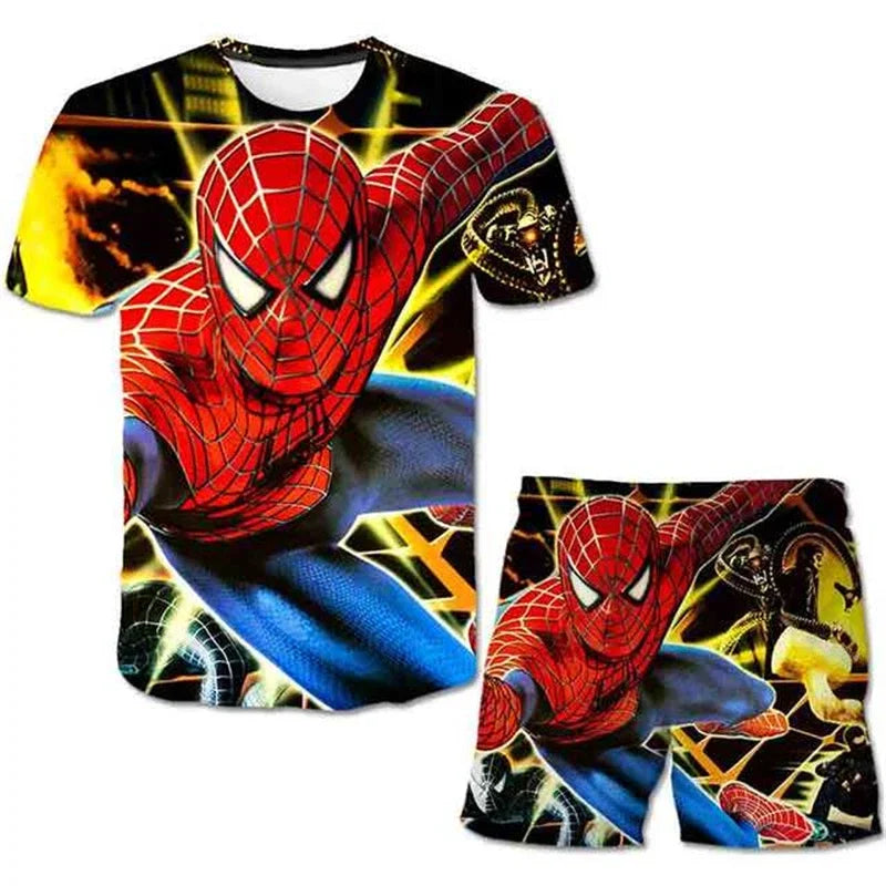 Kids Summer Tshirt Set Boys Spider-Man Trendy 2 Piece Hulk Iron Man Spiderman Outfit