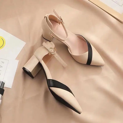 Sapatos femininos clássicos de salto quadrado bege bico fino para festa, senhoras, primavera, verão, fivela preta, couro PU, sapatilhas profissionais