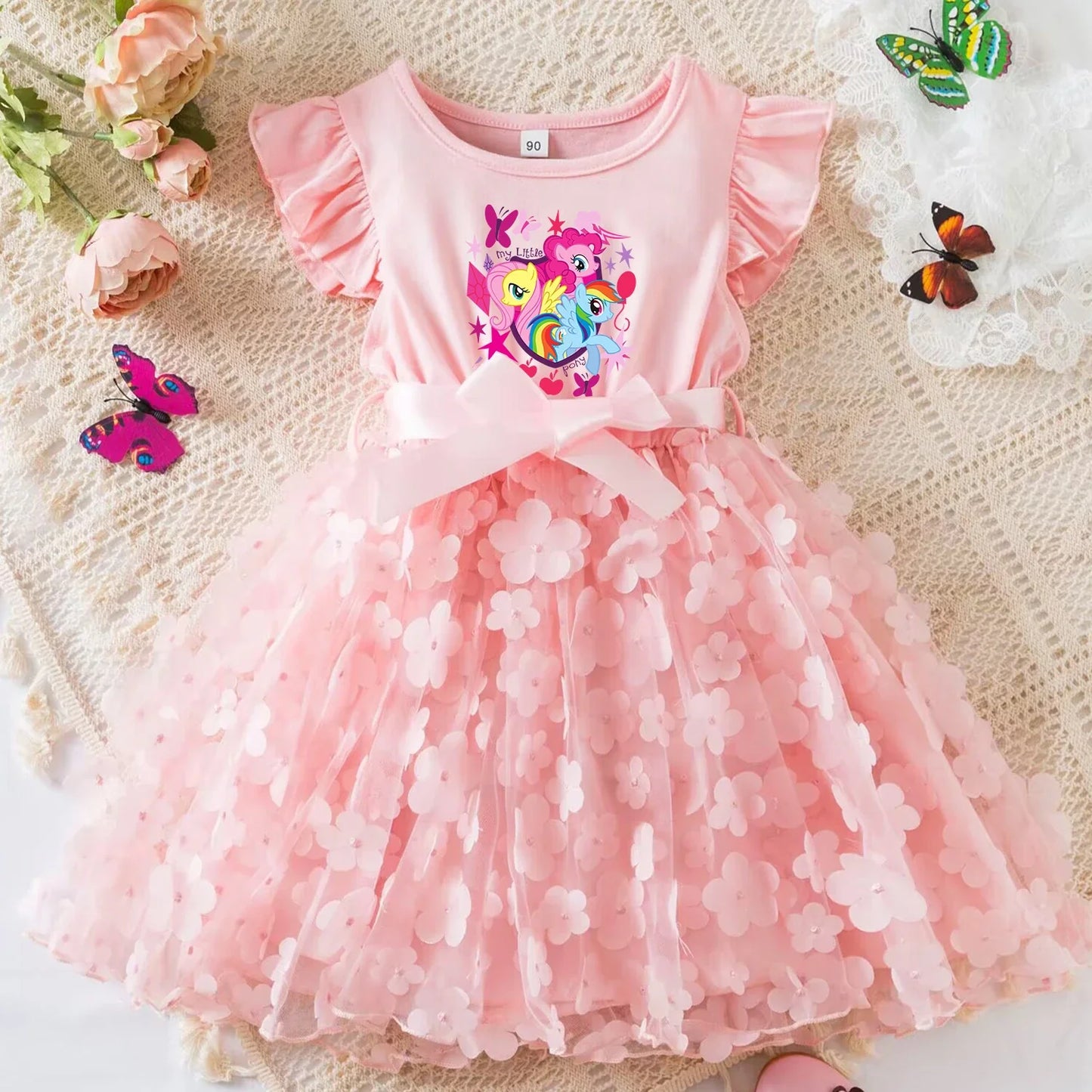 My Little Ponys Girls Summer Dress Cartoon Bow Tutu Dress 3D Butterfly Cotton Party Casual Dress for Baby 2-6Y