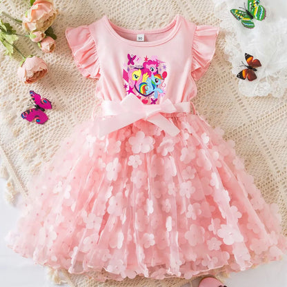 My Little Ponys Girls Summer Dress Cartoon Bow Tutu Dress 3D Butterfly Cotton Party Casual Dress for Baby 2-6Y