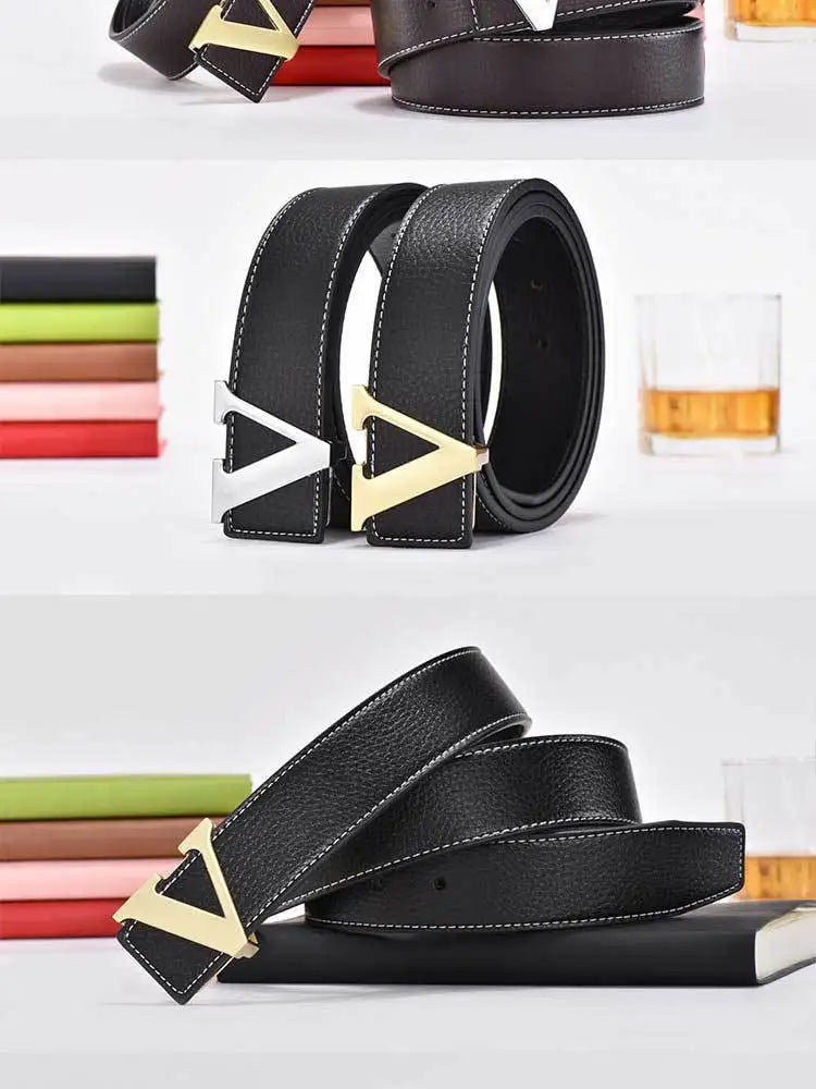 Men's high-end belt with smooth buckle; Korean style fashion trend letter V belt; men's belt