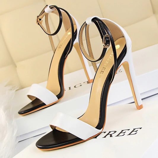 Women Black-White Concise Leather 11cm High Heels Sandals Lady Adjustable Ankle Buckle Shoes Female Fashion Party Dress Shoes