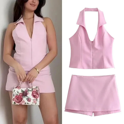 MUJER 2025 Blue Pink Halter Top Woman Off Shoulder Backless Crop Top Women Sleeveless Short Tops Woman Fashion Summer Sexy Tops