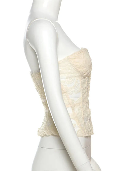 See Through Women Warp Sleeveless Lace Pattern Concealed Metal Buckle Backless Sexy Summer Trend Simple Midnight Mini Top