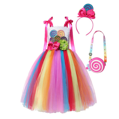 Rainbow Lollipop Girls Dress Sweet Purim Festival Celebrate Costume Fancy Carnival Children Vestidos Princess Cosplay Outfits