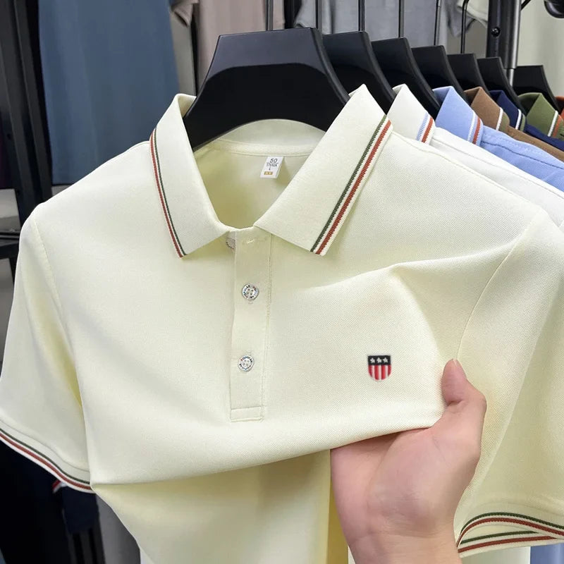 Luxury men's classic brand embroidered best-selling striped polo shirt summer new comfortable best-selling breathable short top