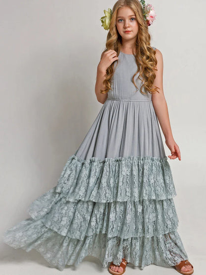 Princess Girls Lace Bohemia Long Dresses Baby Kids Flower Wedding Party Dress Cotton Lining Vestidos Costume Children Clothing