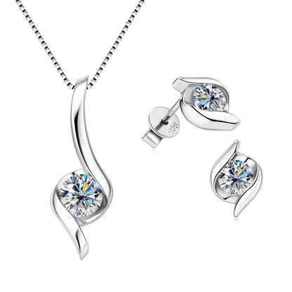 Sterling Silver 925 Real Moissanite Jewelry Set for Women 2.0ctw D Color Lab Diamond Stud Earrings Pendant Necklace Sets Gift