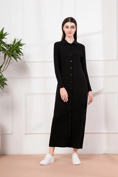Maxi dress button design woman clothes full sleeve Ankle Length comfortable ribbing clothing  ( Ship out in 1 day)