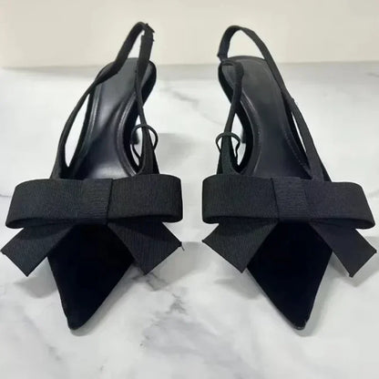 Black Velvet Butterfly-knot Designer Heeled Sandals Women Sexy Pointed Toe Slingbacks Women Pumps Elegant Party Dress High Heels
