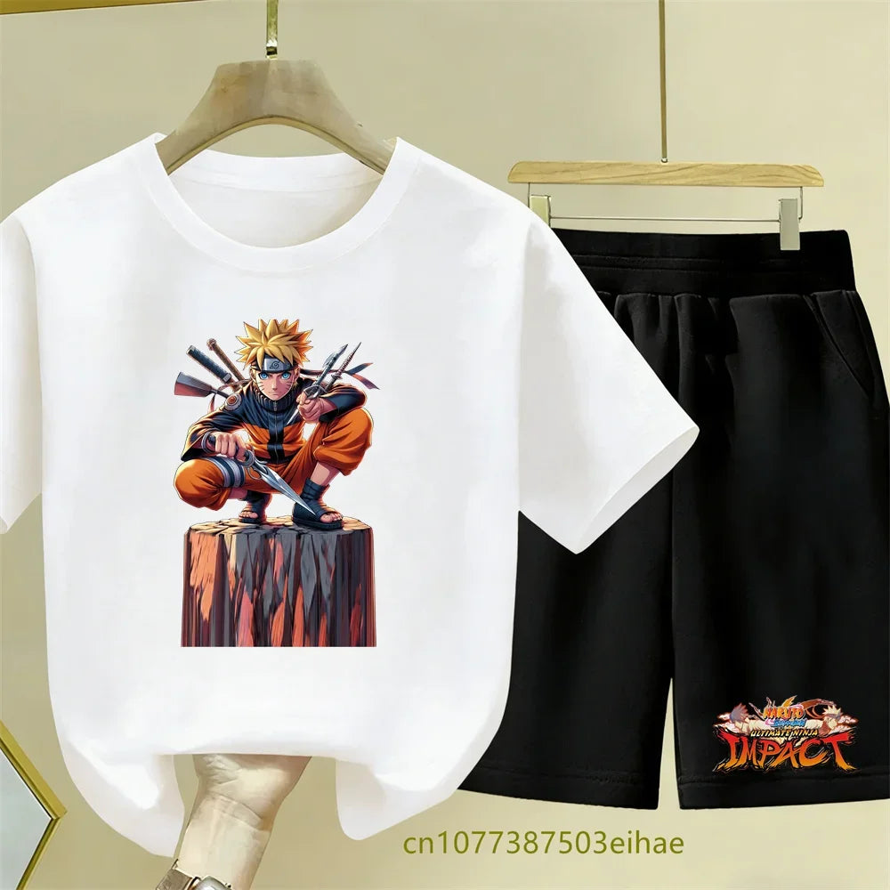 Naruto Leisure Set - Cartoon Print Breathable Children's Short-Sleeved T-Shirt Perfect for Dressing Up with Loose Sports Shorts