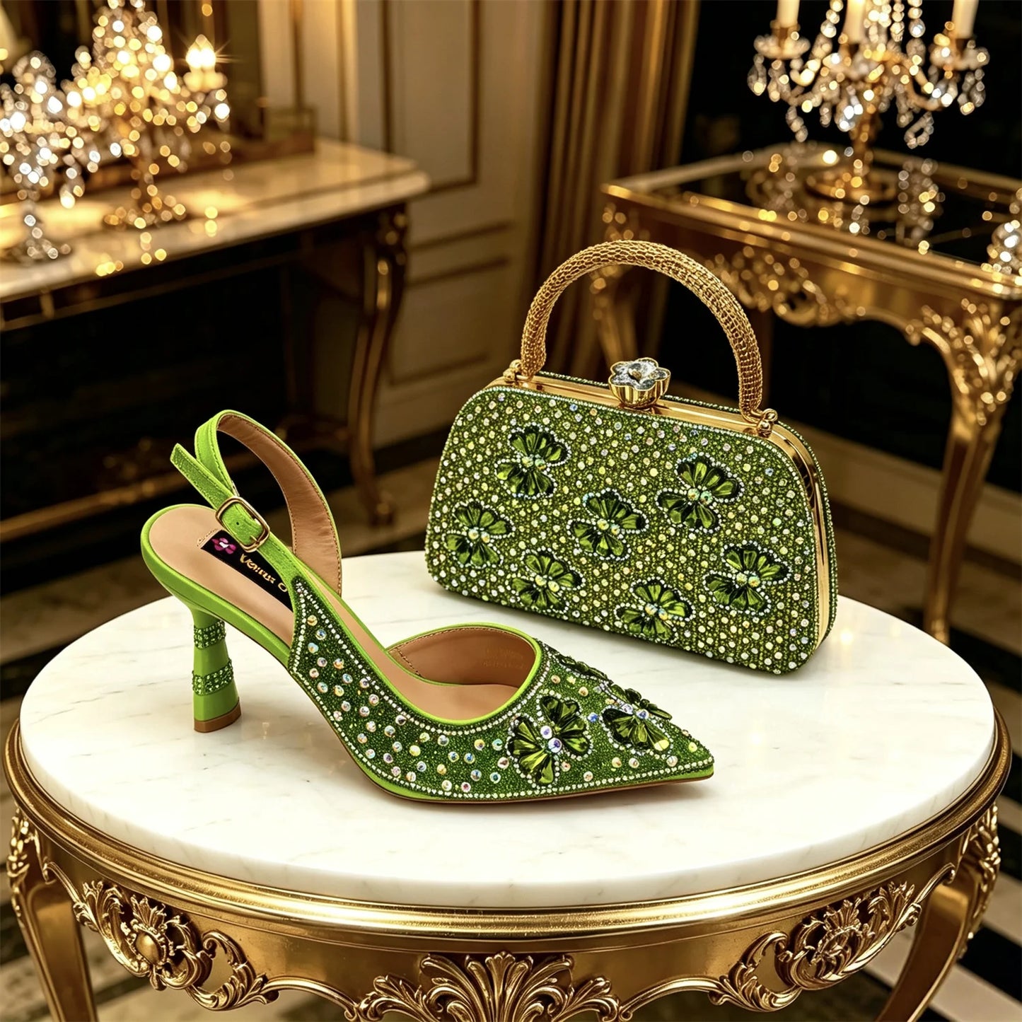 Gold Pointed Toe Rhinestone Heels & Bag Set, Sparkly Slingback Shoes for Women Wedding Party Evening Prom