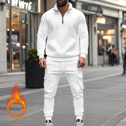 2024 autumn and winter men's casual velvet warm zipper sports trousers set