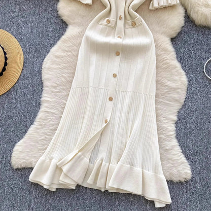 Fashion Vintage Knitted Long Dress Spring Summer Women Elegant V-neck Ruffled Bodycon Sweater Dress Party Vestido