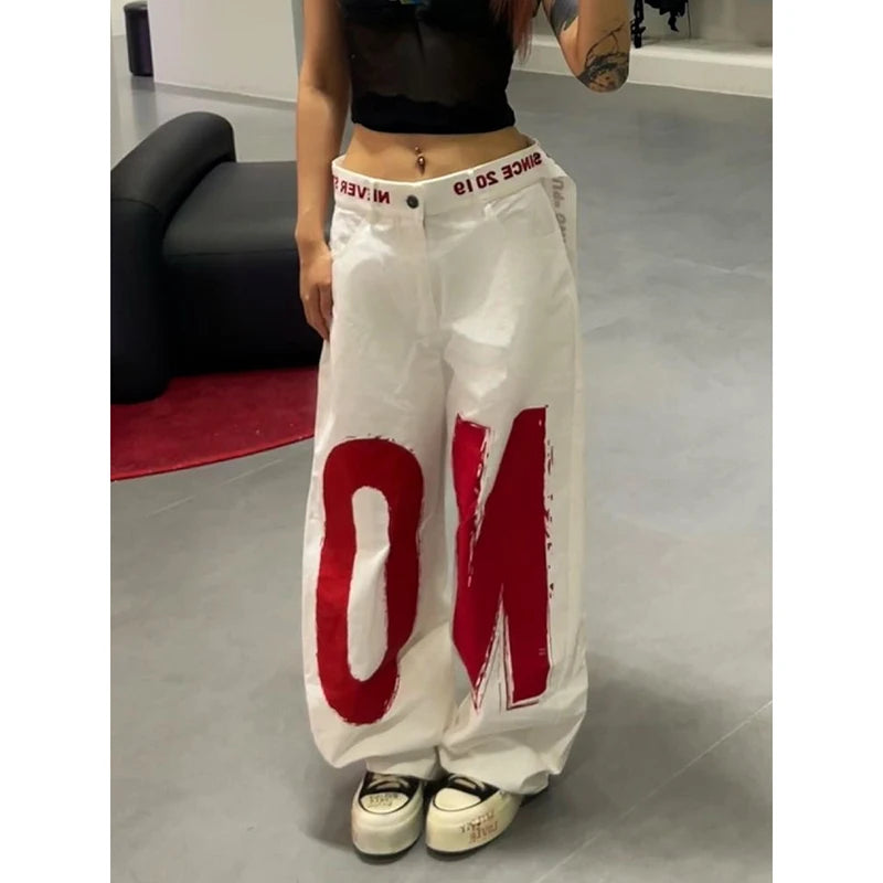 Women White Letter Print Y2k Baggy Jeans 2000s Style Denim Trouser Harajuku Vintage Oversize Hip Hop Jeans Pants Autumn