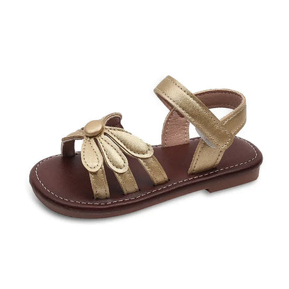 Girls Sandals Hook&loop Kids Beach Shoes Soild Color Versatile 2025 Summer Girls Princess Shoes Retro Sweet Flowers Korean Style