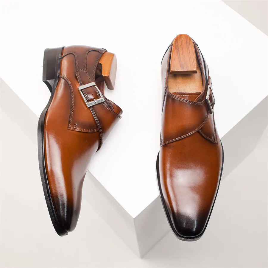 Men's Cow Leather Shoes Buckle Pointed Dress Shoes Men Classic Business Formal Social Office Party Wedding Shoes