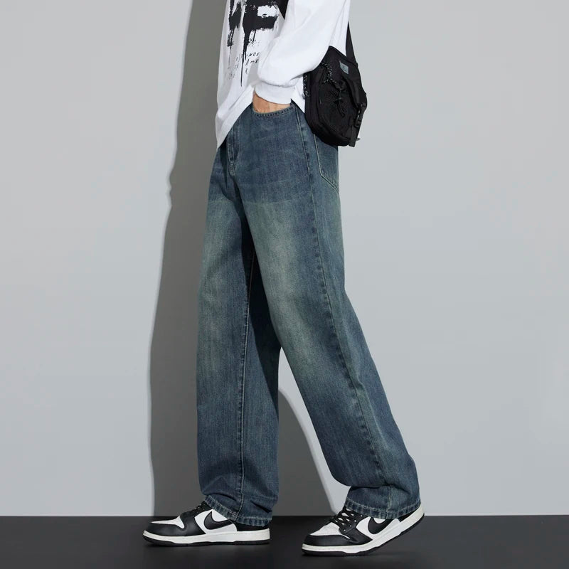 Korean Wide Legs Fleece Jeans Men's Winter Warm Thickened Velvet Loose Straight Casual Denim Pants Korean Fashion Trousers