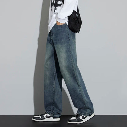 Korean Wide Legs Fleece Jeans Men's Winter Warm Thickened Velvet Loose Straight Casual Denim Pants Korean Fashion Trousers