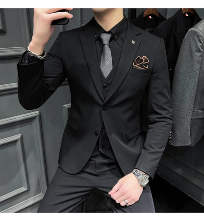 ( Blazer + Vest + Pants ) Boutique Fashion Solid Color Men's Slim Casual Business Suit Three-piece Set Groom Wedding Dress Party