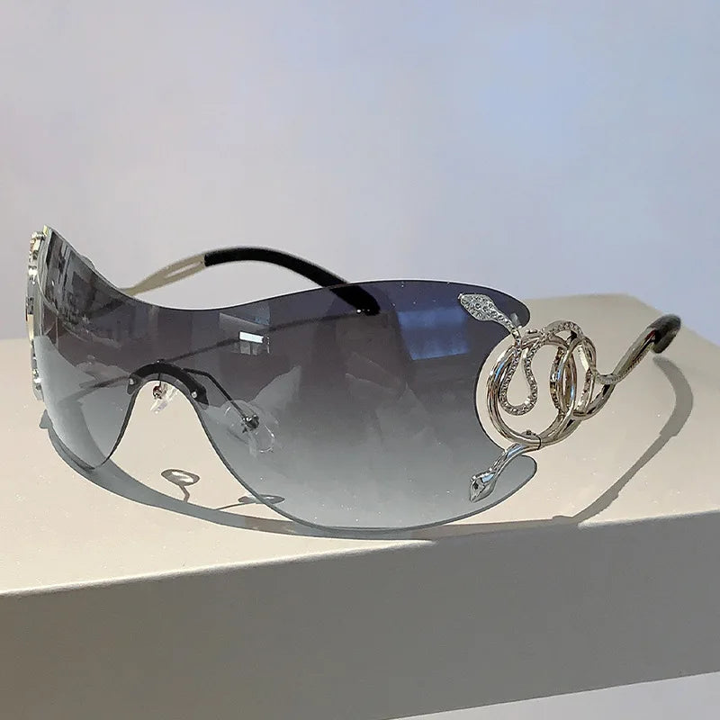 Y2K Rimless Luxury Brand Designer Sunglasses Women For Men One Piece Trendy Oversized Sun Glasses Metal Snake Pink Punk Shades