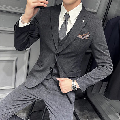Slim Fit Men's Three Piece Suit Thin Single Button Notch Lapel Casual Fashion Cotton Blend Spring Autumn Wear for Youth