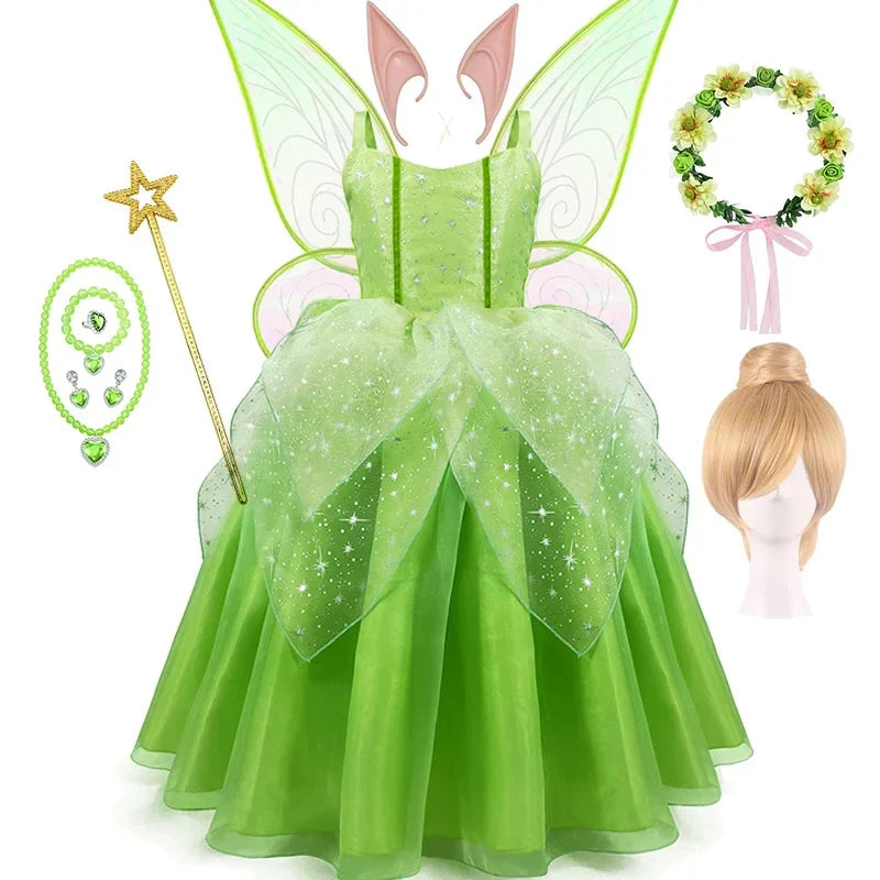 Girls Cosplay Green Fairy Tinker bell Dress Kids Princess Flower Fairy Wings Costume Party Tinkerbell Tinker Bell Dresses