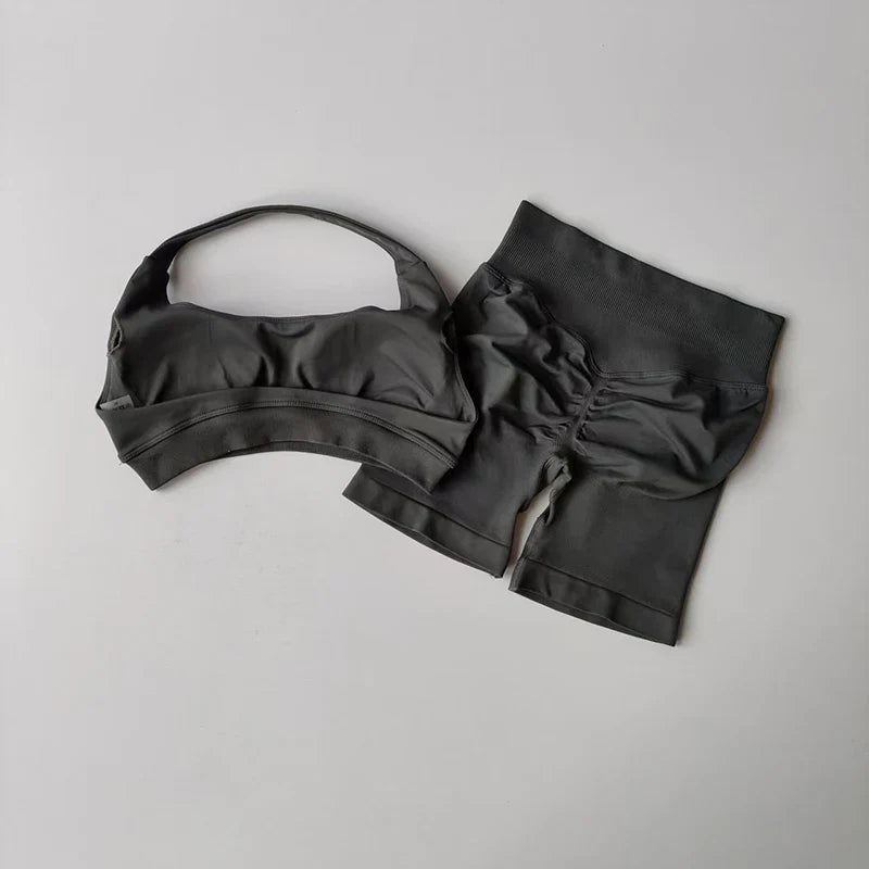 Sexy Halter Neck Beautiful Back High Waist Peach Sports Bras Shorts Suit Pilates Gathering Yoga Vest Training Fitness Bra Sets
