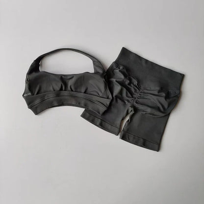 Sexy Halter Neck Beautiful Back High Waist Peach Sports Bras Shorts Suit Pilates Gathering Yoga Vest Training Fitness Bra Sets